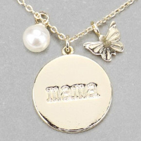 Sparkle Armand Jewelry - mama Gold Metal Disc Butterfly Pearl Necklace